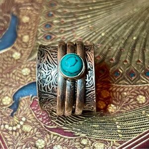 Sterling Silver Boho Wide Band Spinner Ring Faux Turquoise Stone